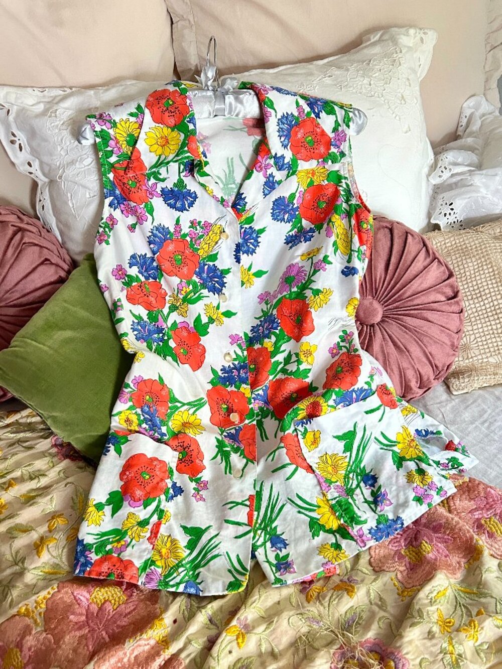 Vintage 60s-70s Floral Cotton Blouse, Bright Floral Print Shirt, Retro Button Up